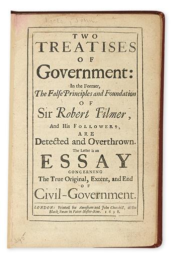LOCKE, JOHN.  Two Treatises of Government.  1698